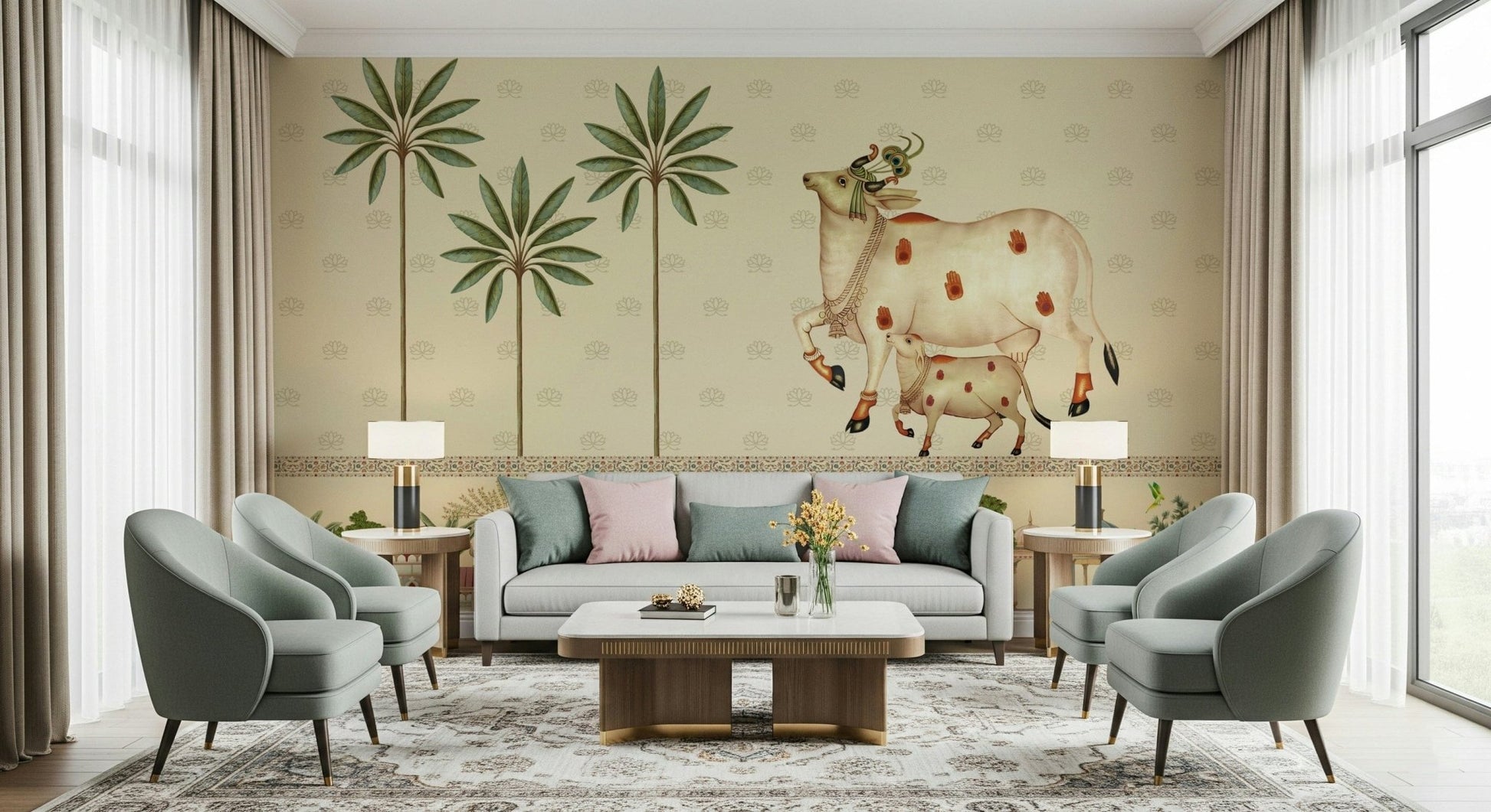 Large Pichwai Parampara Wall Mural with heritage Indian art style for living room statement wall