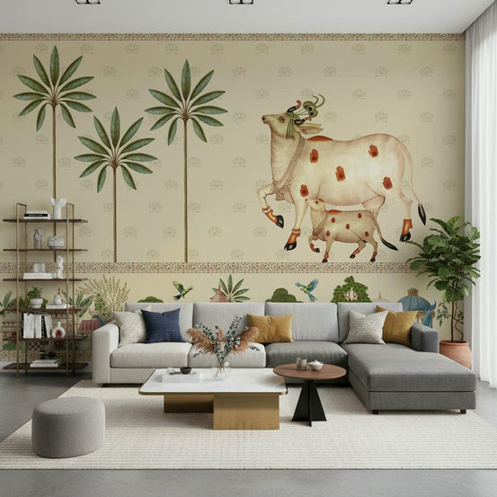 Pichwai style wall mural with traditional motifs in neutral colours for bedroom walls, GD7527