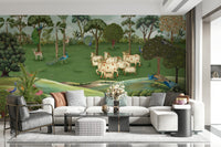 Pichwai Pastures Wall Mural behind sofa in neutral living space with artistic wall decor
