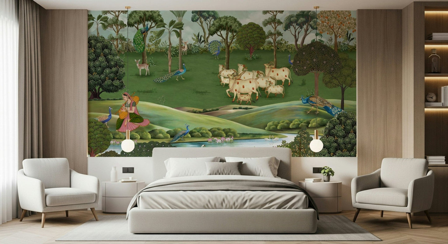 Traditional Pichwai style wall mural used as feature wall in modern home interior