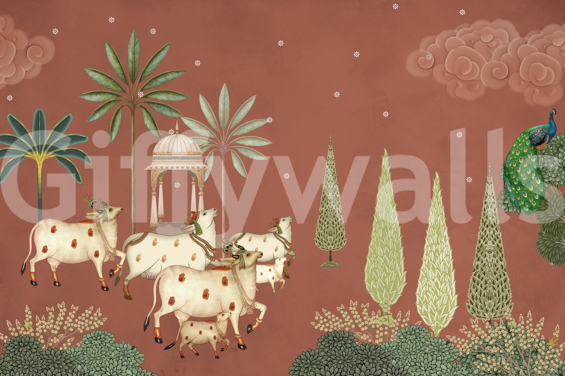 Sacred animal Pichwai Vanam Wall Mural.








