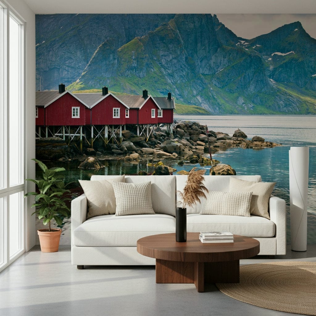 Traditional wooden shelter row, Picturesque Lofoten self adhesive wallpaper.