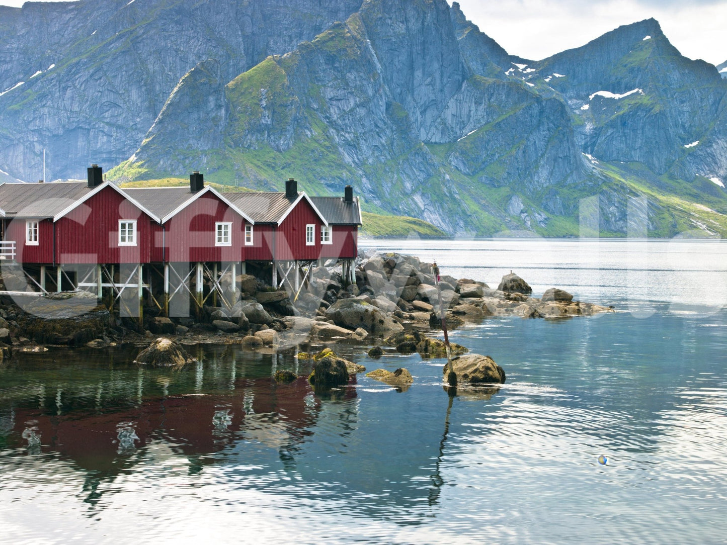 Waterfront cabins scene, Picturesque Lofoten peel and stick wallpaper.