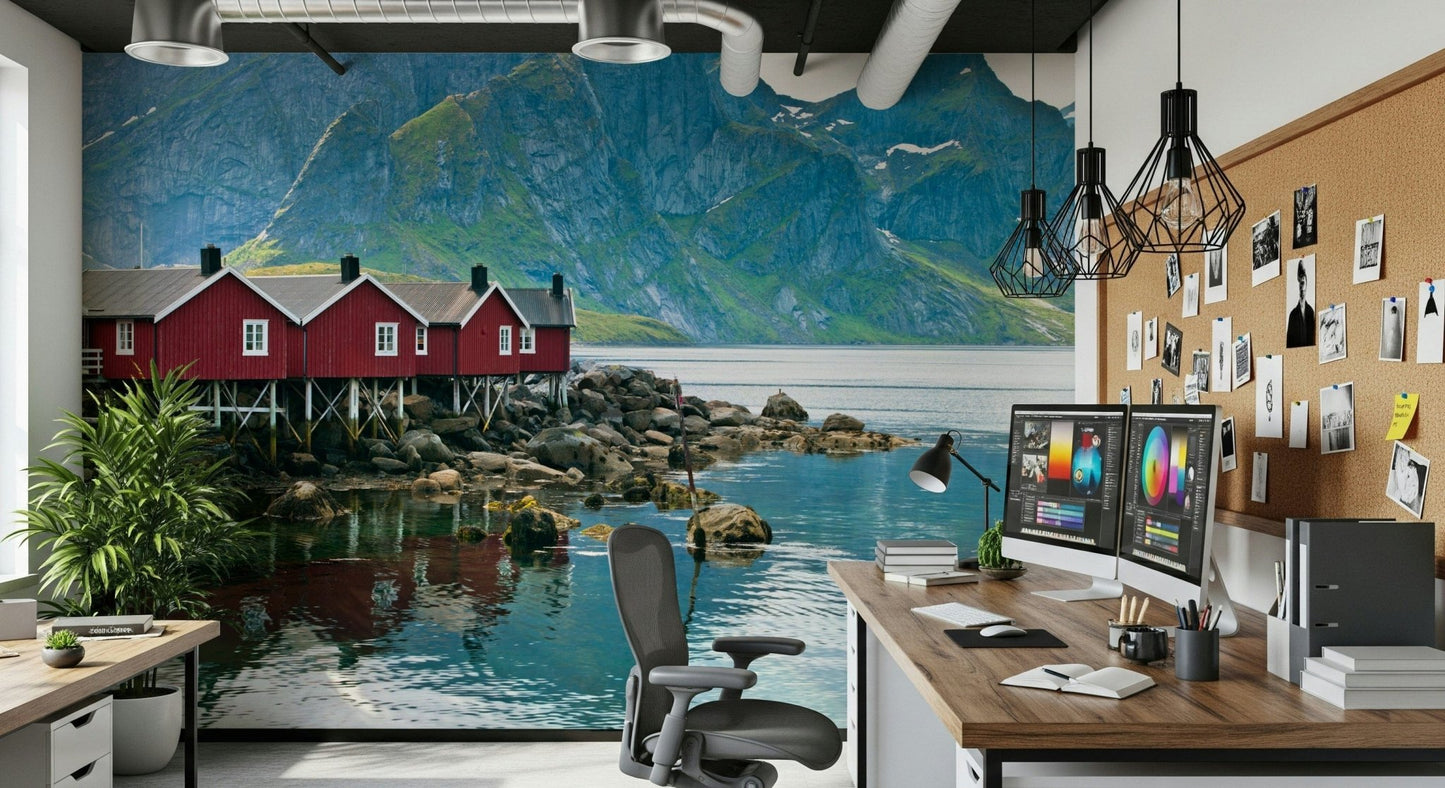 Vibrant fisherman shacks, Picturesque Lofoten large format wall design.