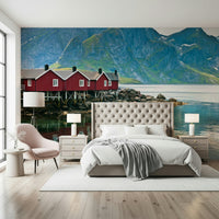 Water reflection houses, Picturesque Lofoten vinyl wall treatment.