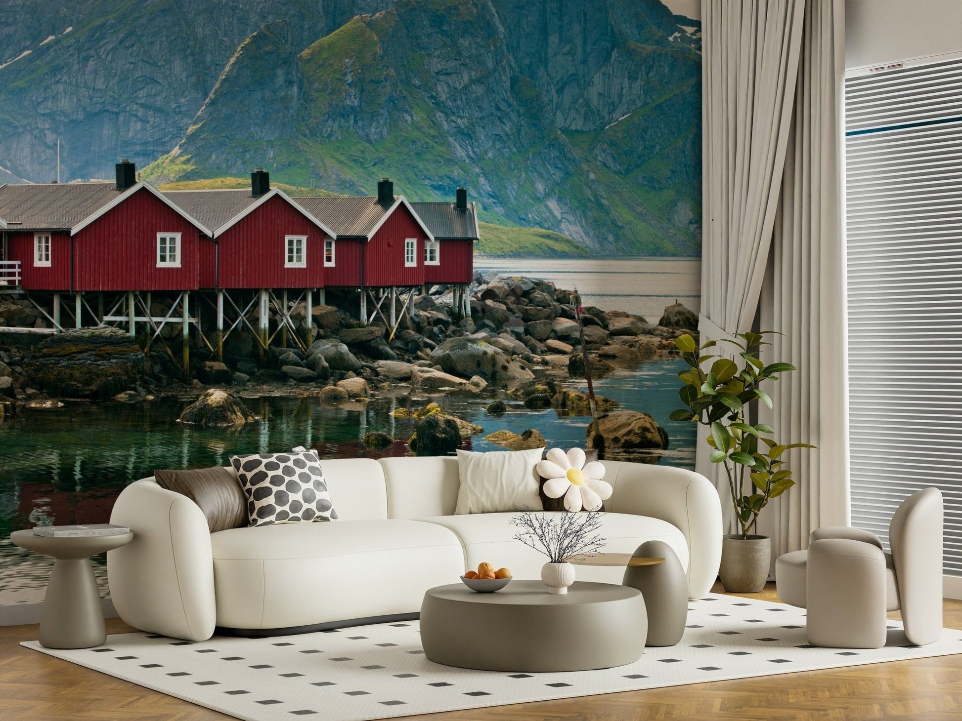 Stilt homes over water, Picturesque Lofoten scenic wall covering.