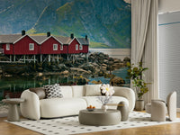 Stilt homes over water, Picturesque Lofoten scenic wall covering.
