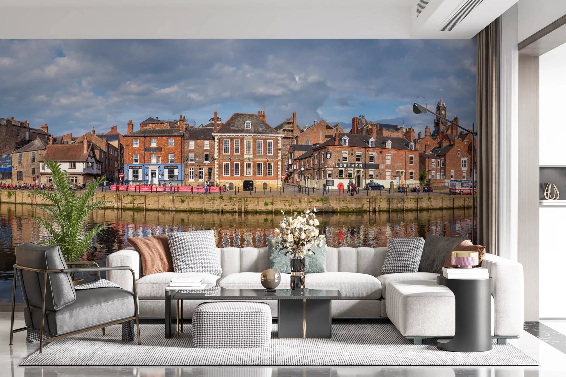 Bright lounge with Picturesque Riverfront Wall Mural and reflective river views, GD8886