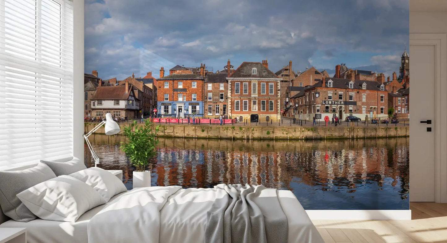 Bedroom with Picturesque Riverfront Wall Mural and an old town river panorama, GD8886
