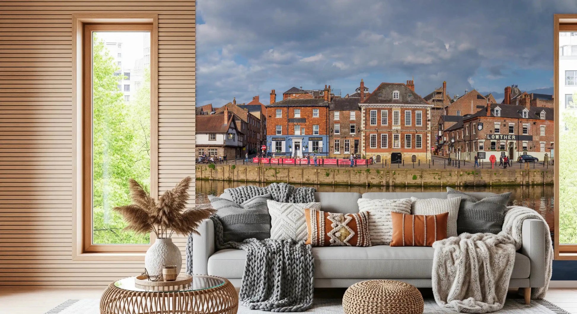Living with Picturesque Riverfront Wall Mural and a soft harbor town backdrop, GD8886