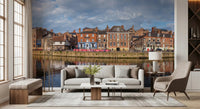 Living room with Picturesque Riverfront Wall Mural and a cozy waterfront scene, GD8886
