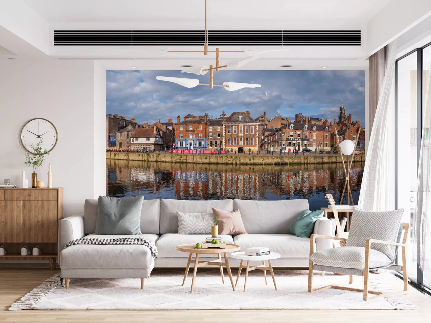 Living room with Picturesque Riverfront Wall Mural and warm waterfront houses, GD8886