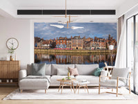 Living room with Picturesque Riverfront Wall Mural and warm waterfront houses, GD8886