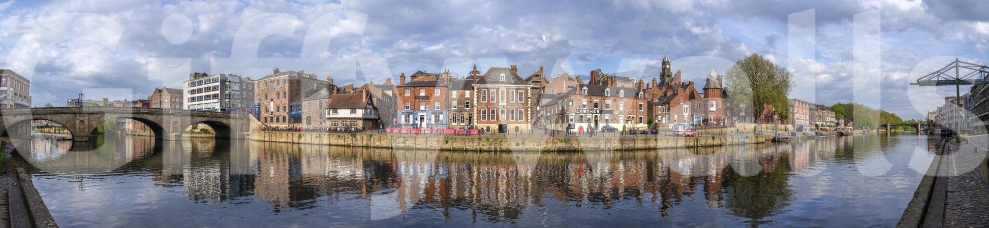 Panoramic riverside town scene in Picturesque Riverfront Wall Mural under clouded sky, GD8886