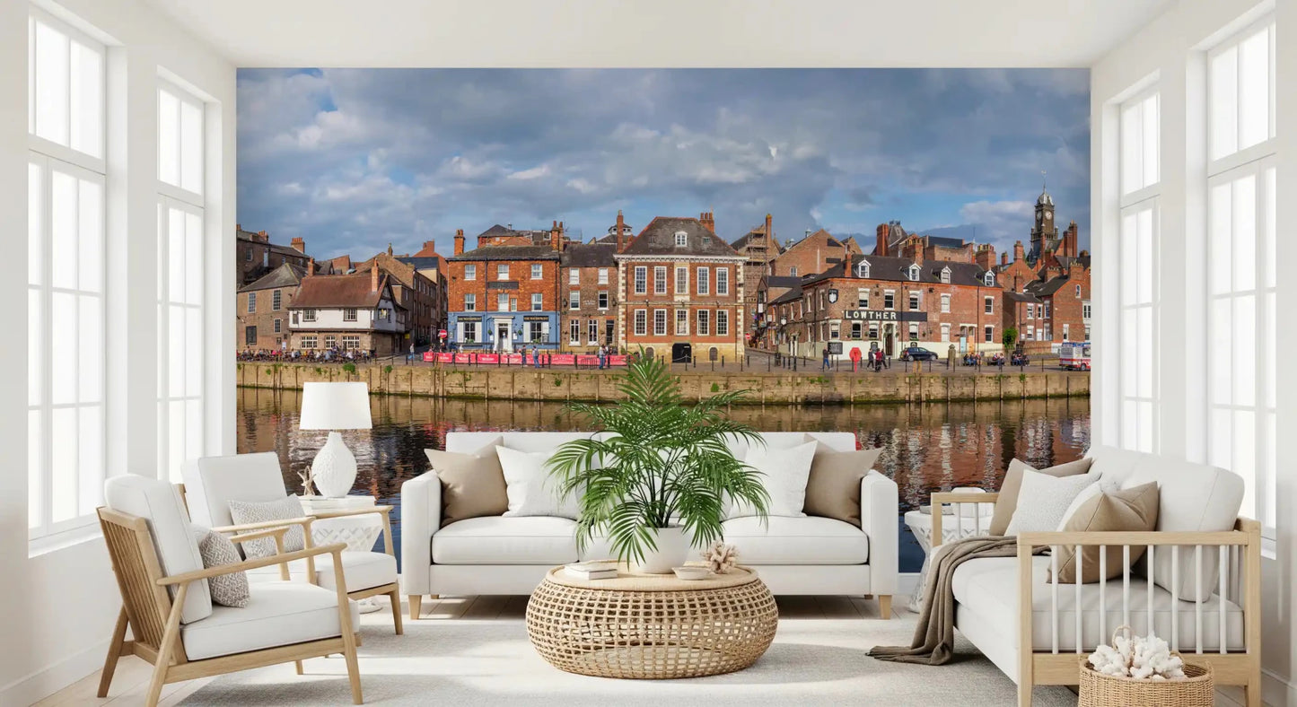 Bright sitting area with Picturesque Riverfront Wall Mural and calm water views, GD8886