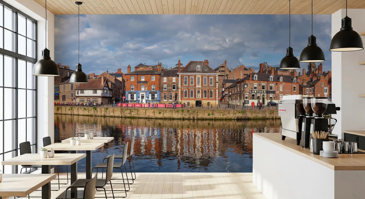Café with Picturesque Riverfront Wall Mural and scenic waterside buildings, GD8886