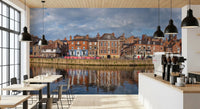 Café with Picturesque Riverfront Wall Mural and scenic waterside buildings, GD8886