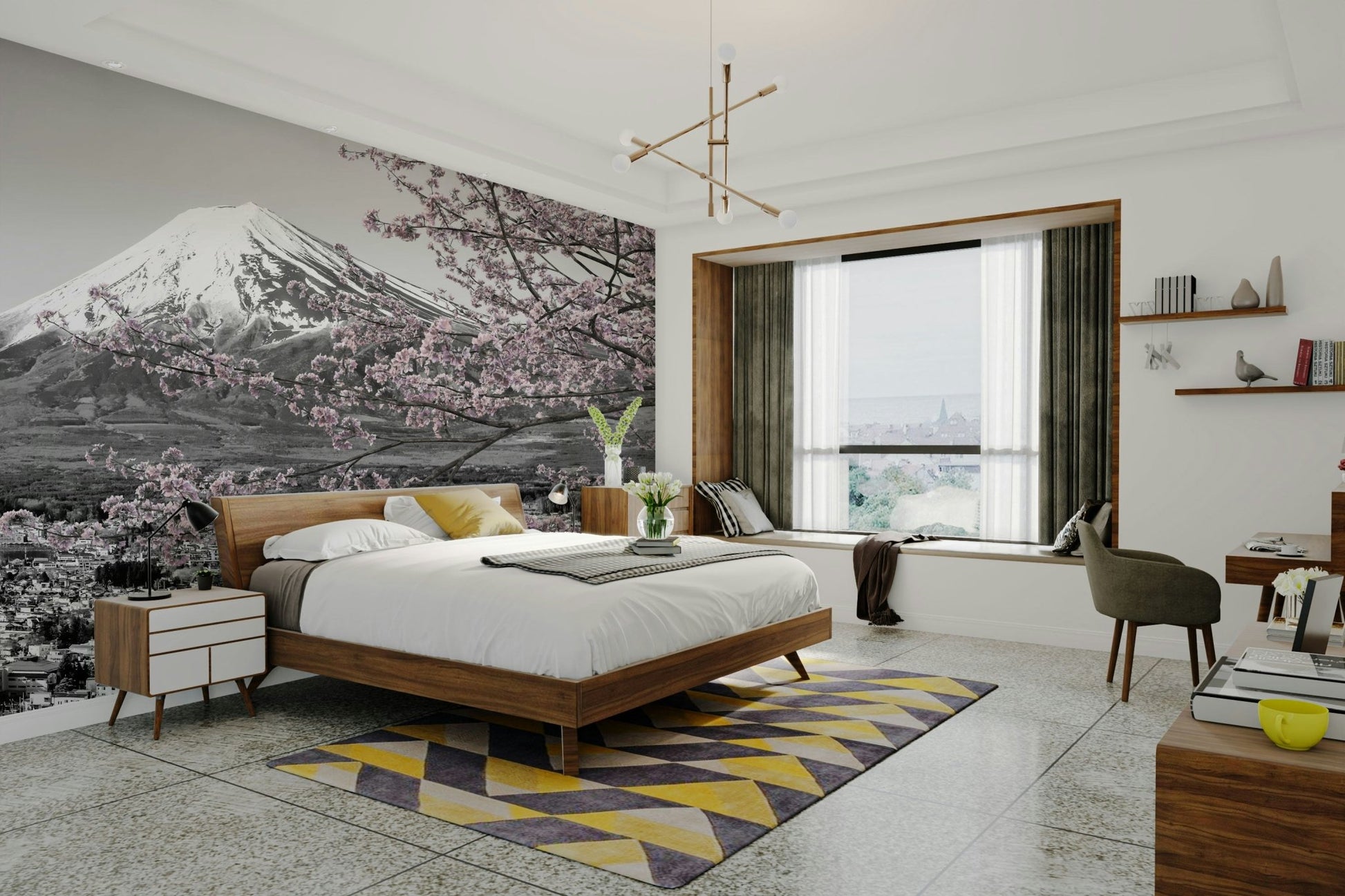 Japanese mural featuring Chureito Pagoda and cherry trees in spring.

