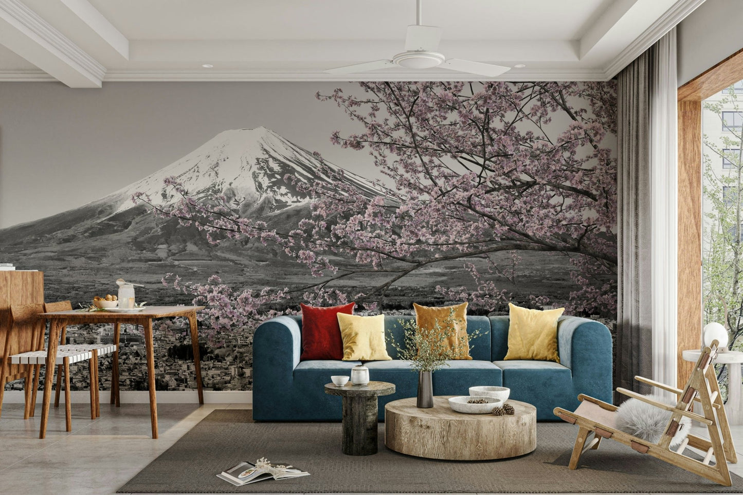 Scenic mural of Mount Fuji with vibrant sakura and red pagoda.

