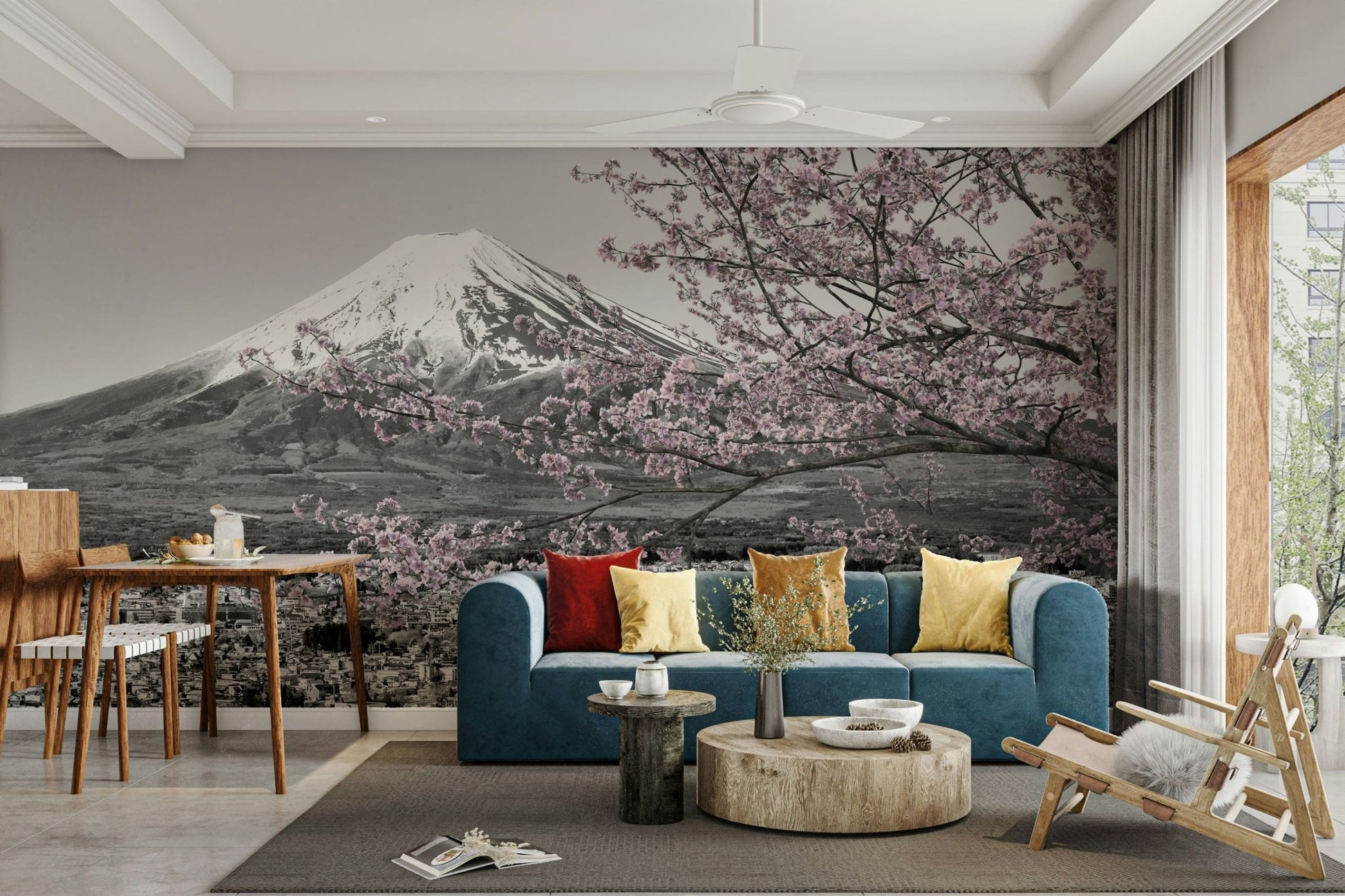 Scenic mural of Mount Fuji with vibrant sakura and red pagoda.


