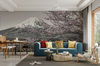 Scenic mural of Mount Fuji with vibrant sakura and red pagoda.

