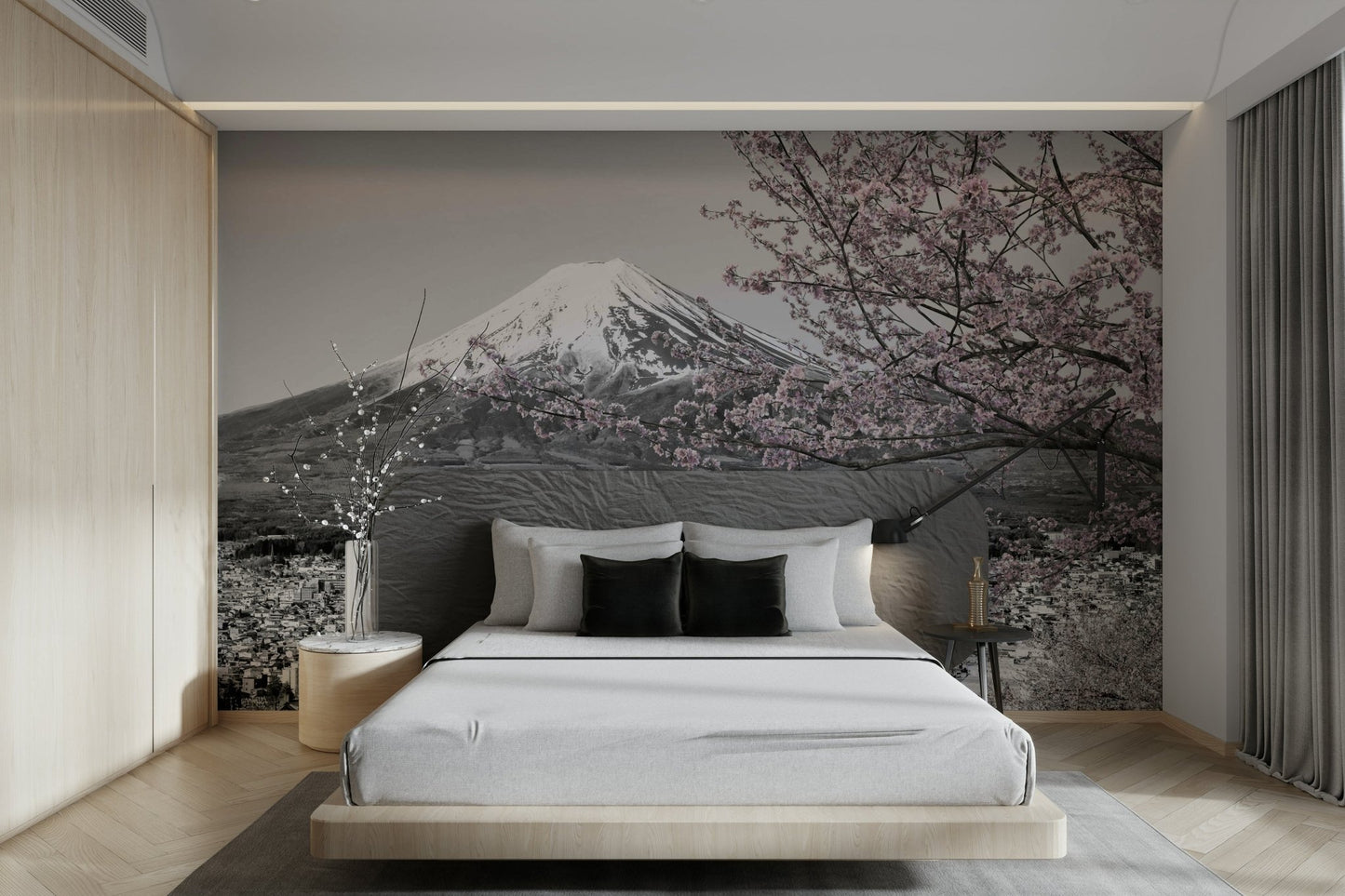 Wall mural of Mount Fuji and Chureito Pagoda in cherry blossom bloom.

