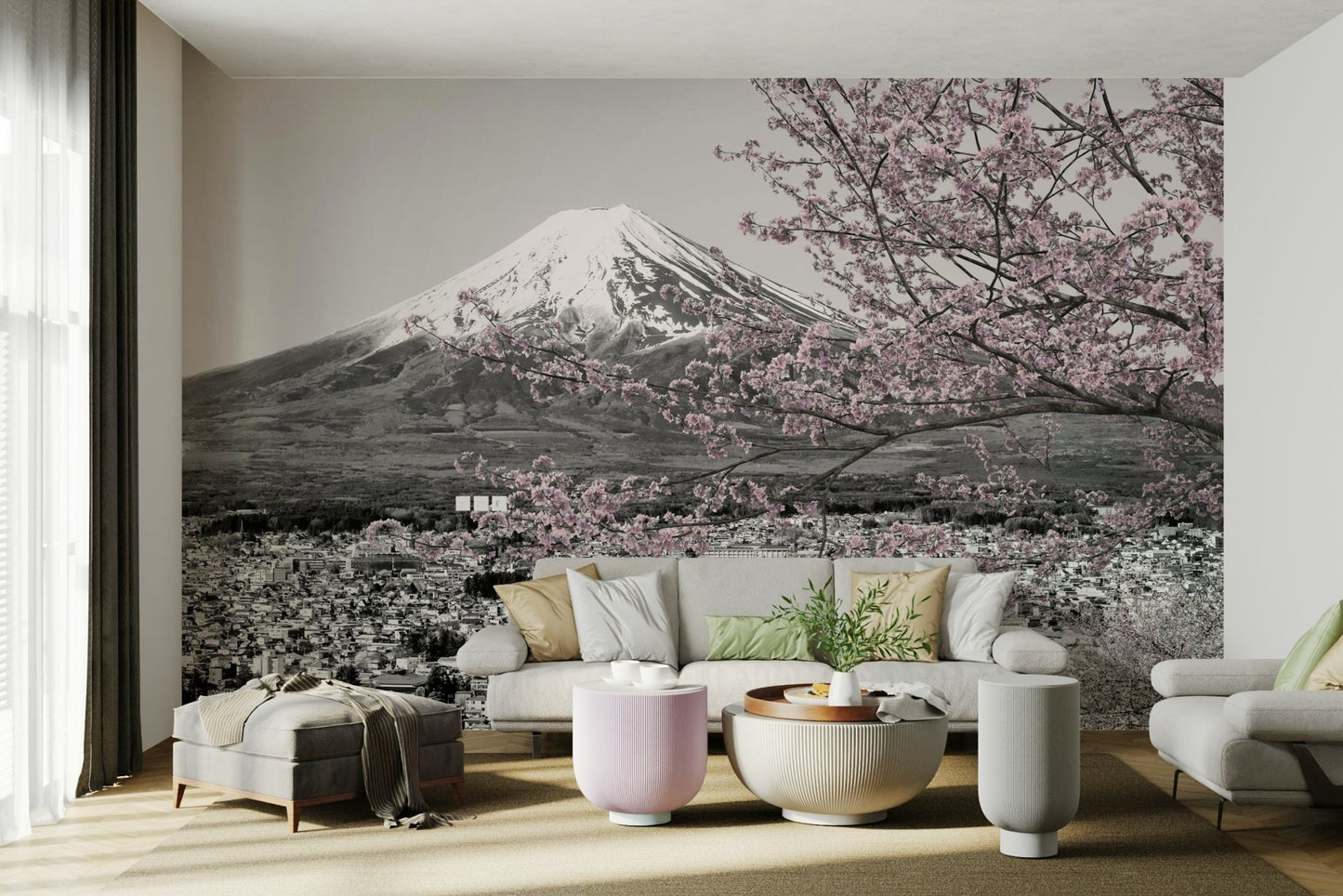 Iconic Japanese mural with color-popped cherry blossoms and Fuji peak.

