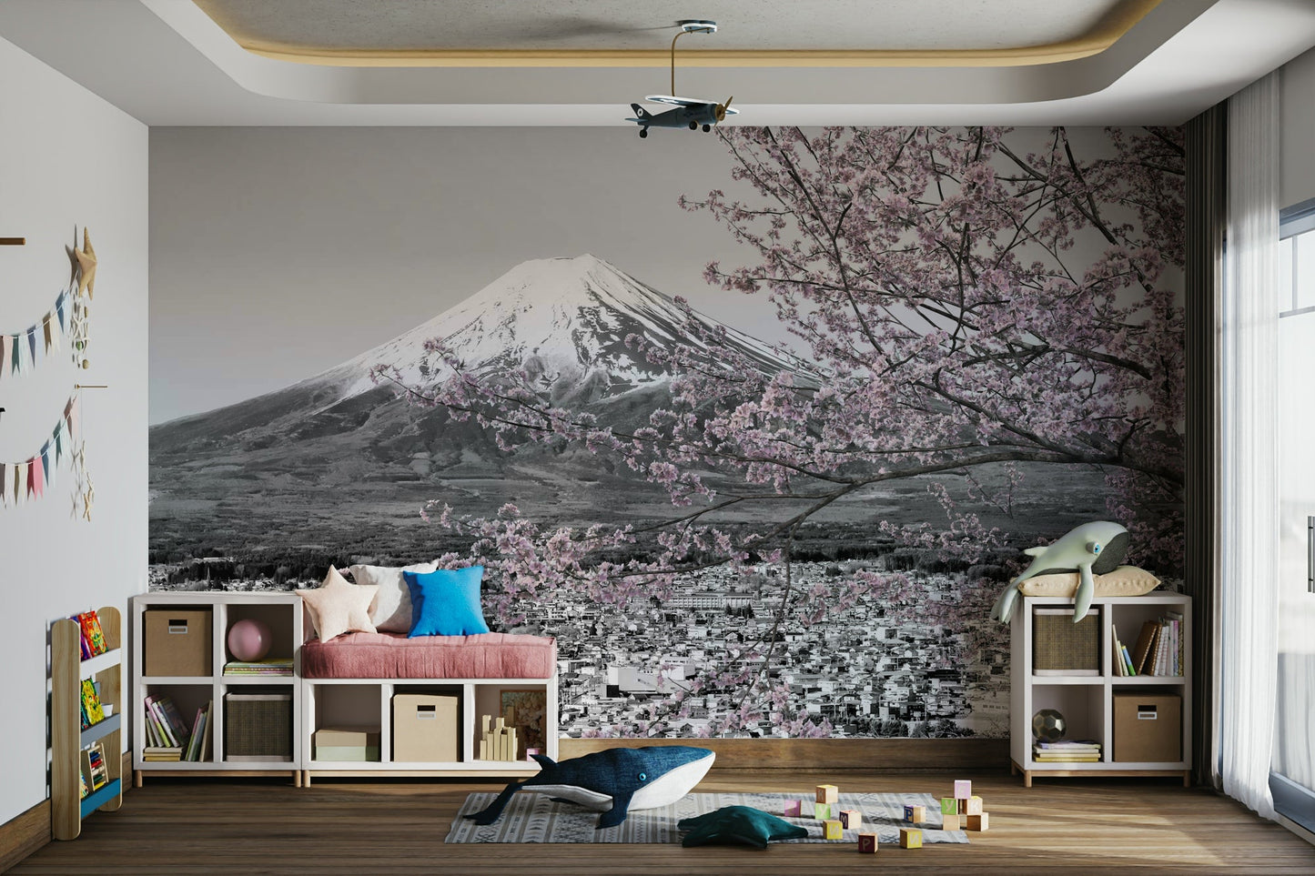 Mount Fuji mural with soft pink blossoms and traditional temple view.


