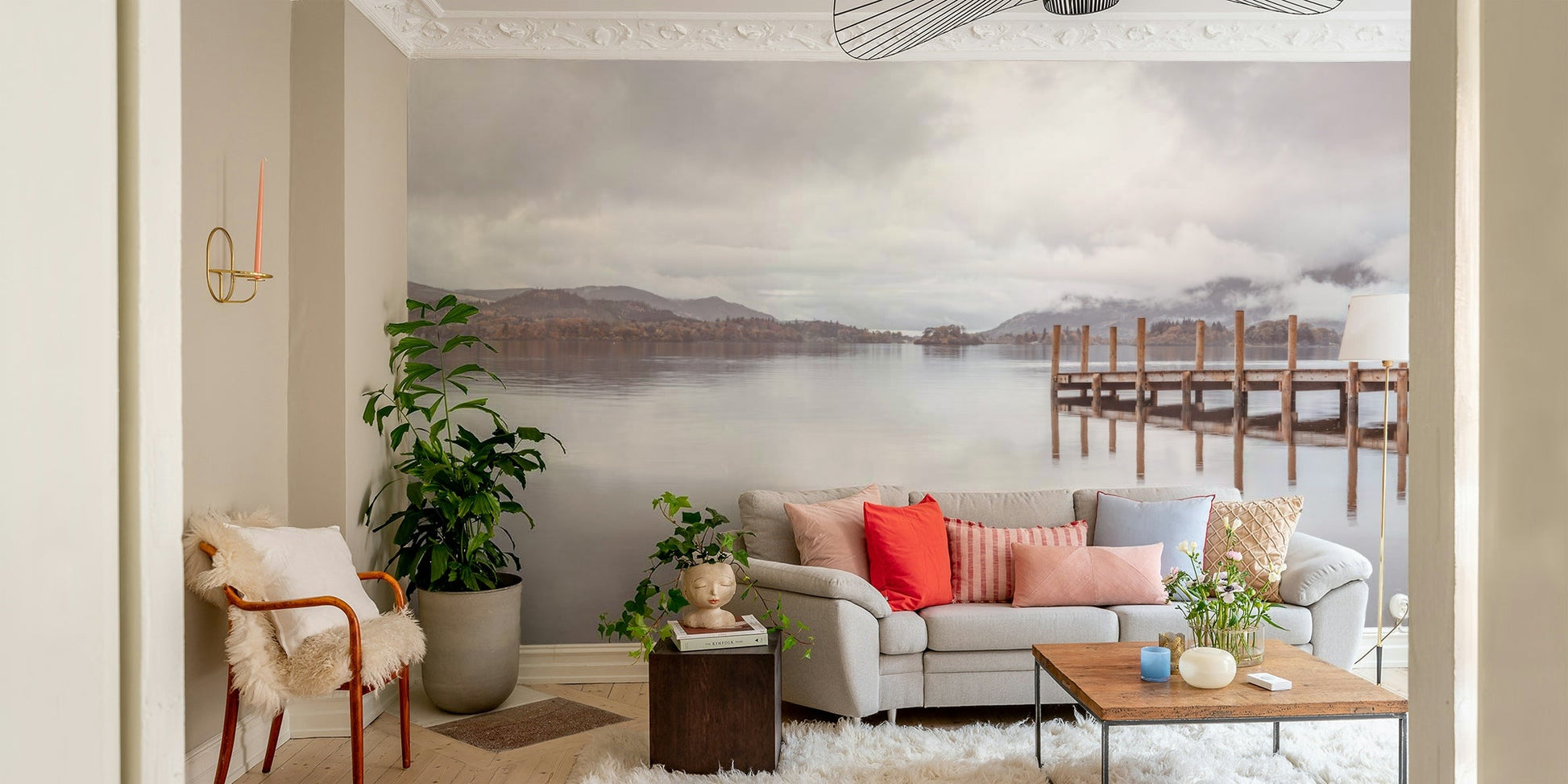 Wooden pier stretching into lake wallpaper

