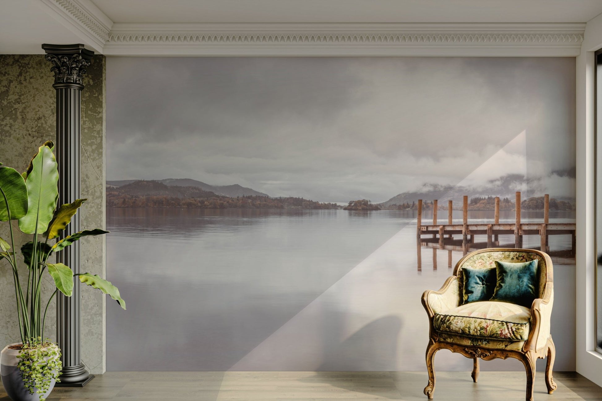 Oceanfront mural with dock and tranquil vibe

