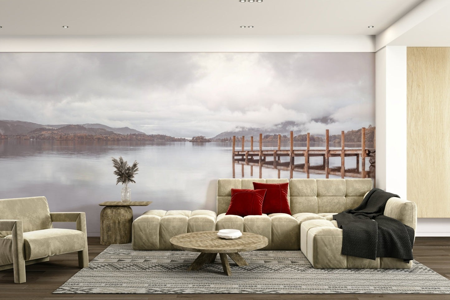 Coastal mural with wooden pier and soft light

