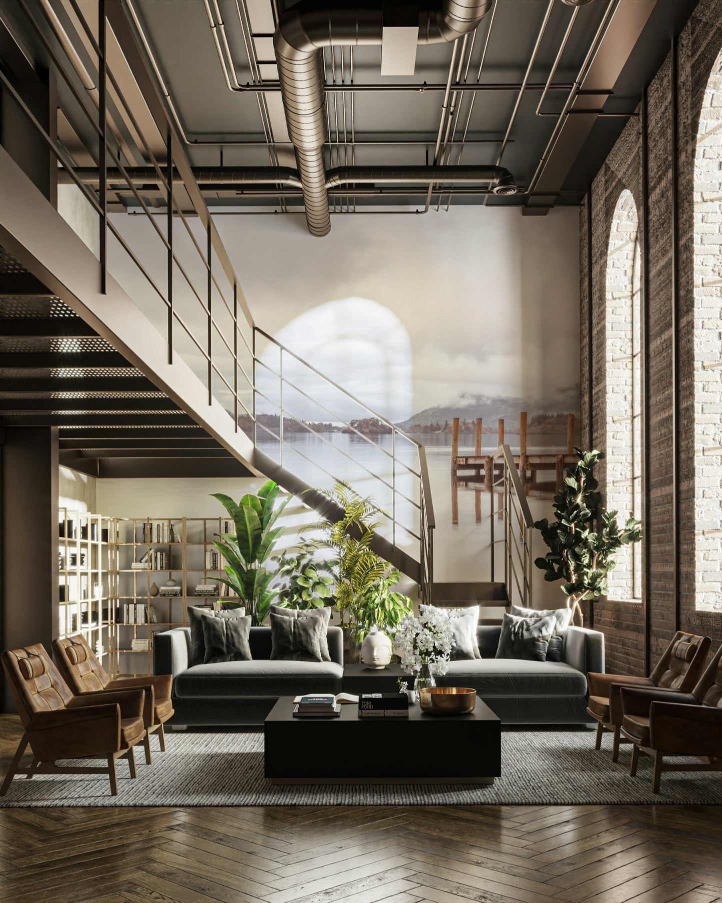 Pier on the shores wall mural with calm waters

