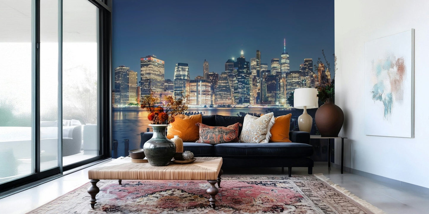 Dark blue night city wallpaper with old pier posts and golden window lights.