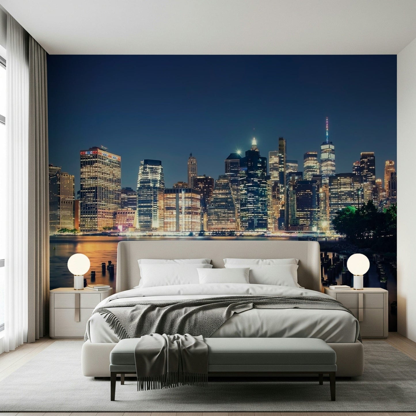Atmospheric city lights at night wall mural with a calm river view.