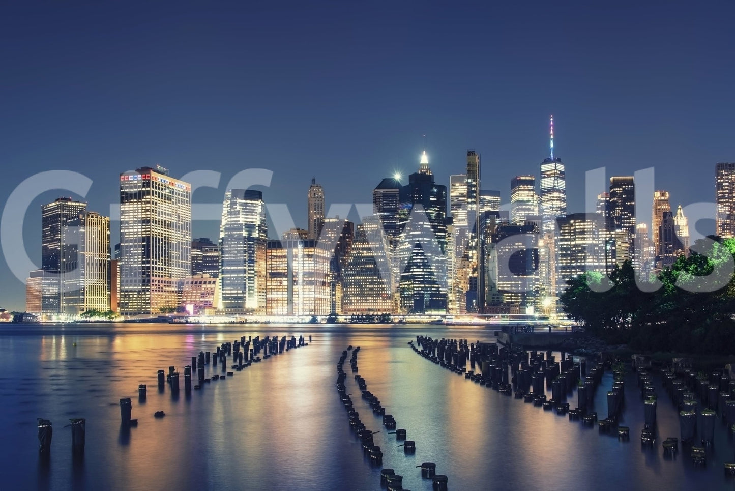High resolution city lights wall mural with a deep blue nighttime atmosphere.