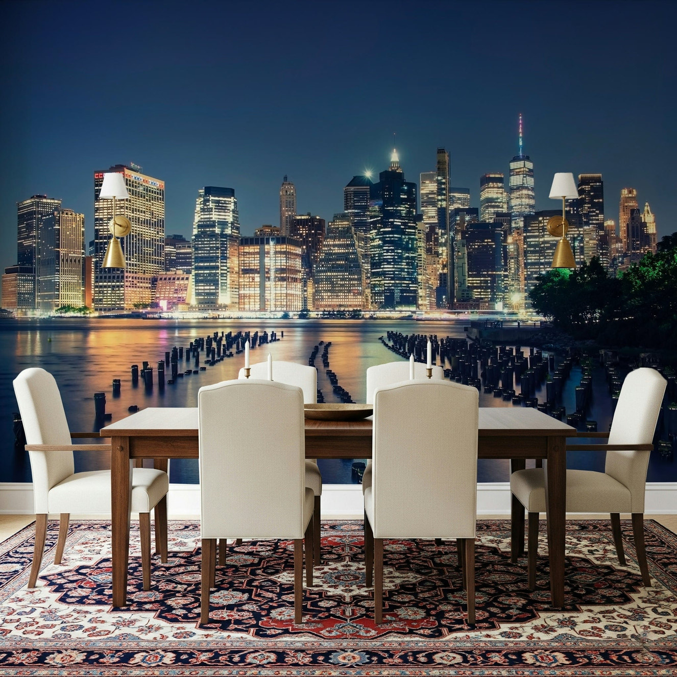 Pier one wall mural with architectural detail and shimmering water reflections.