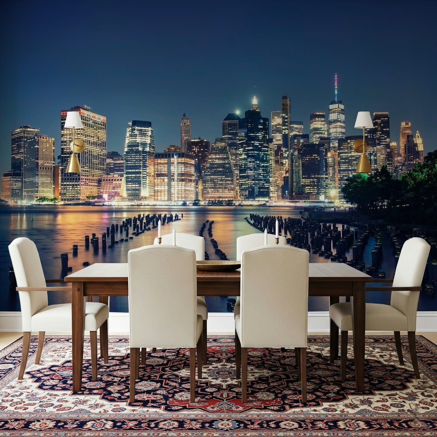 Pier one wall mural with architectural detail and shimmering water reflections.