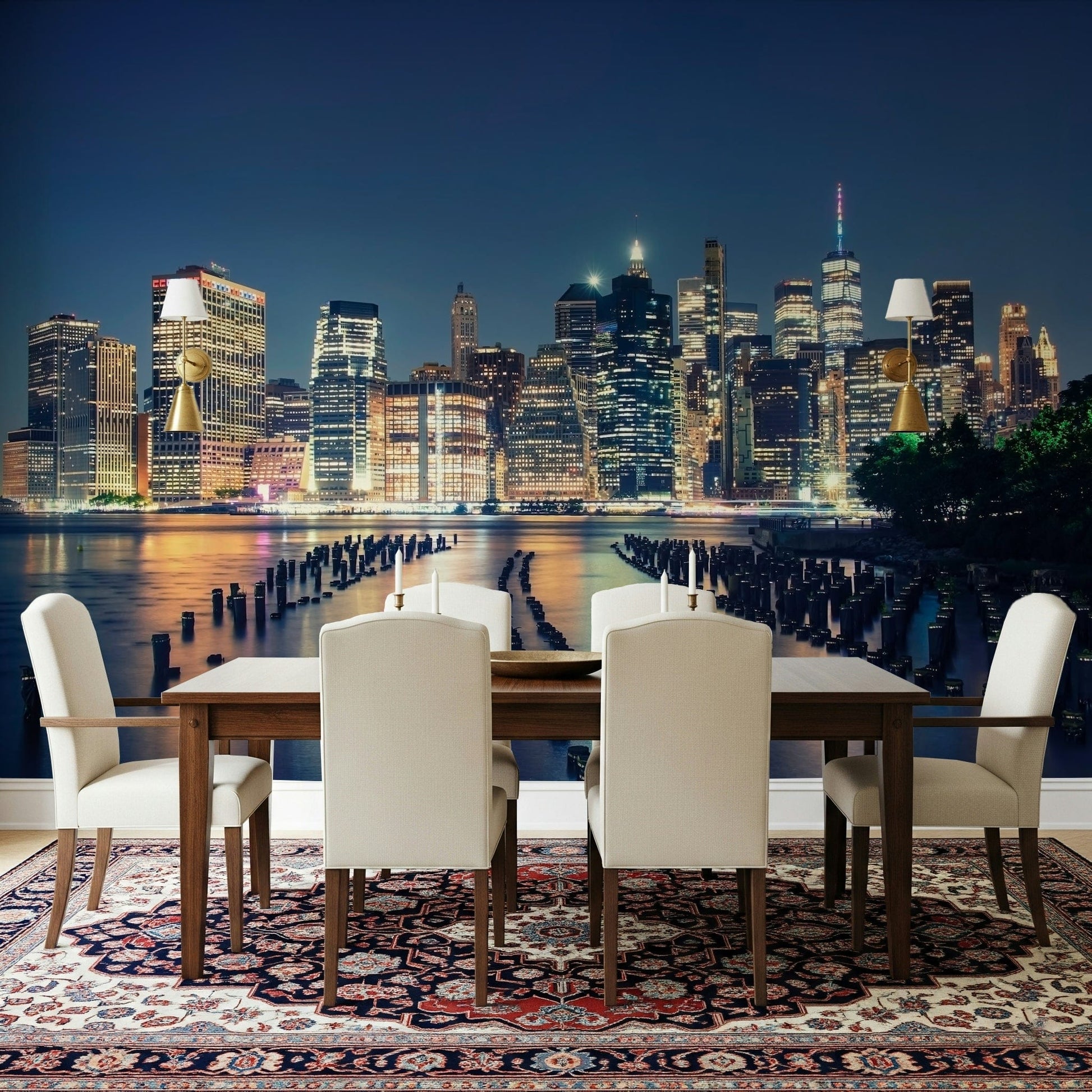 Pier one wall mural with architectural detail and shimmering water reflections.