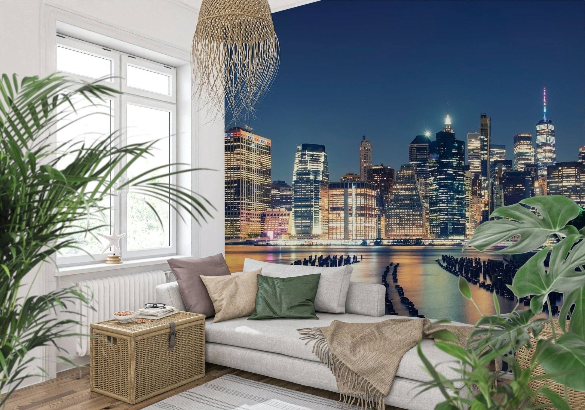 Dramatic evening city skyline wallpaper for a modern urban interior style.