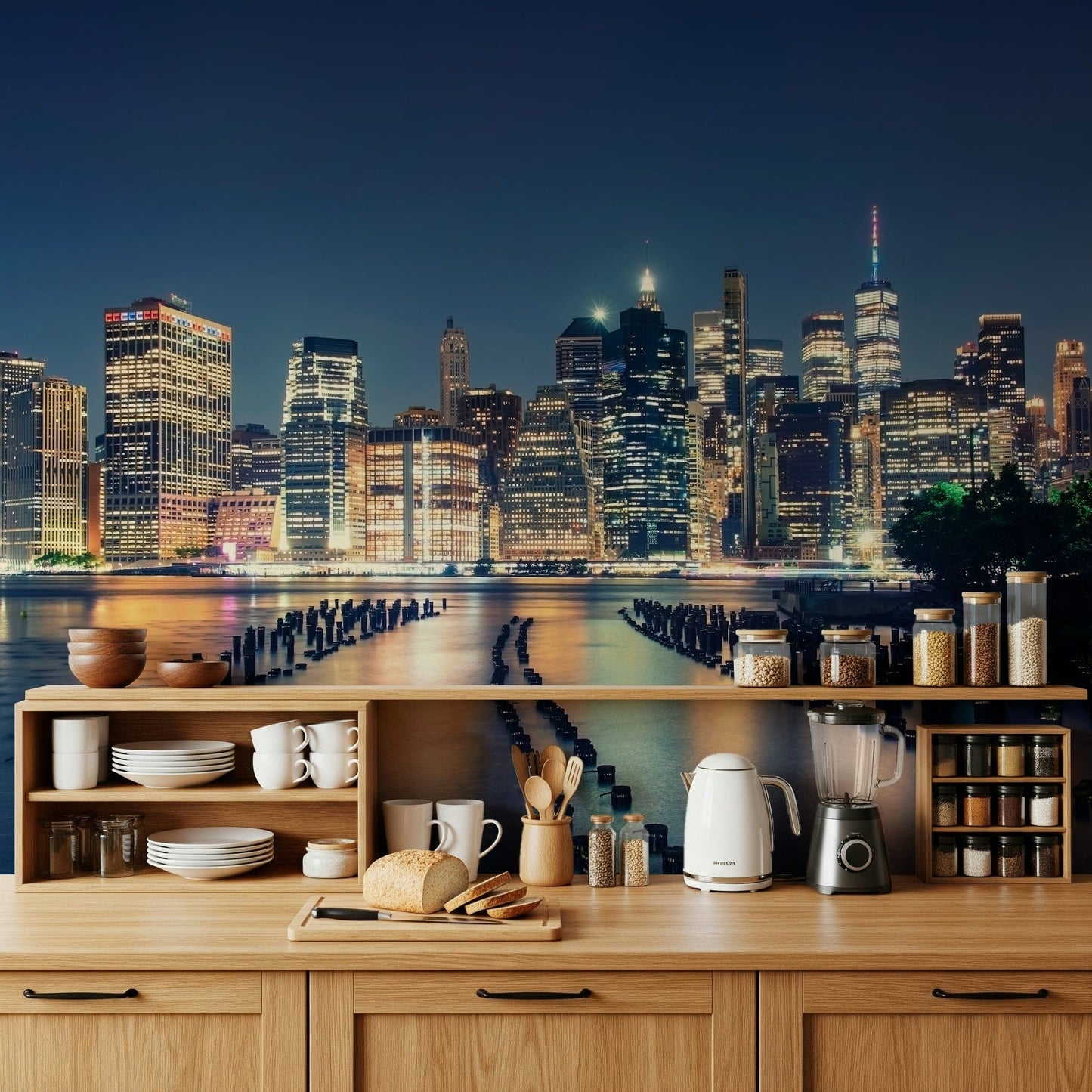 Pier one wall mural featuring illuminated skyscrapers under a dark blue sky.