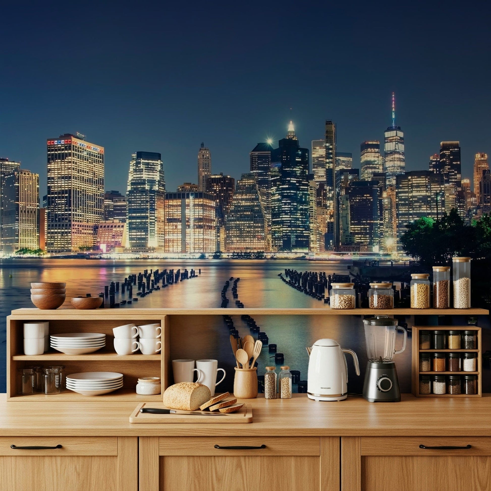 Pier one wall mural featuring illuminated skyscrapers under a dark blue sky.