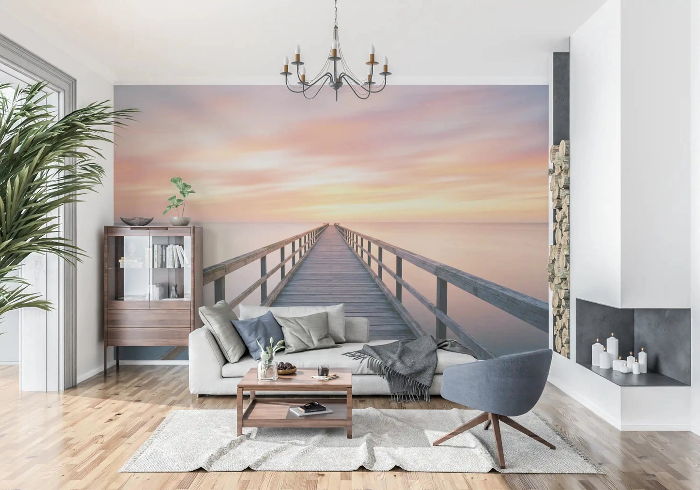 Quiet sitting space finished with Pier to Dreams Wall Mural and soft neutral tones