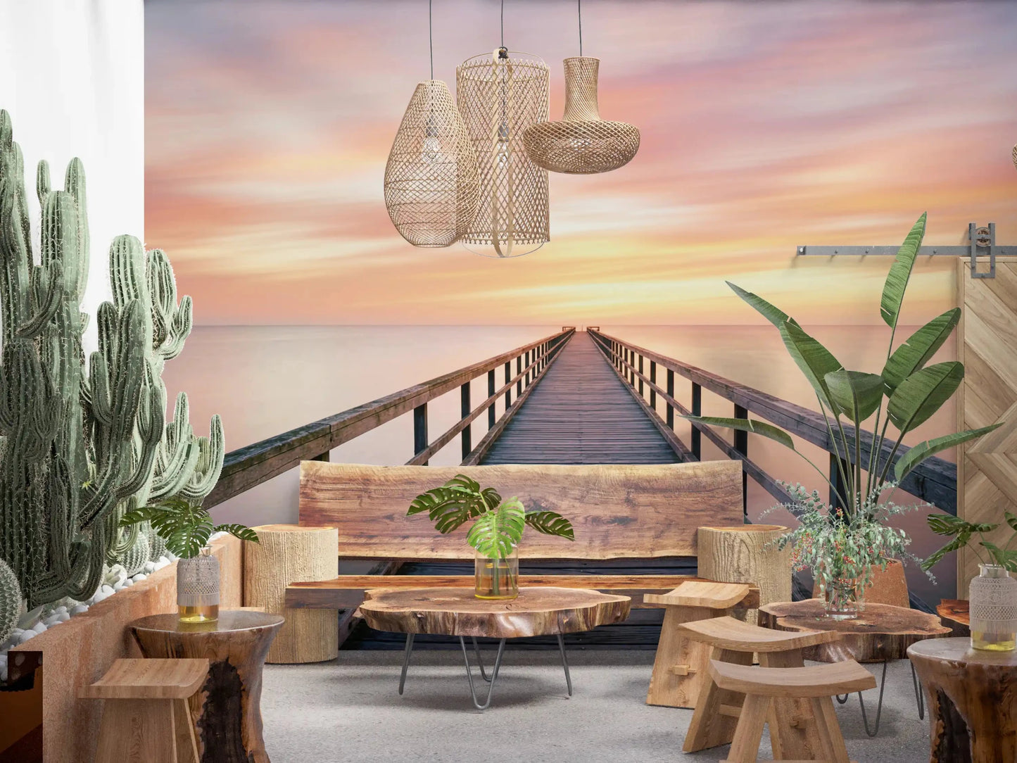 Rustic dining area on Pier to Dreams Wall Mural with layered textures