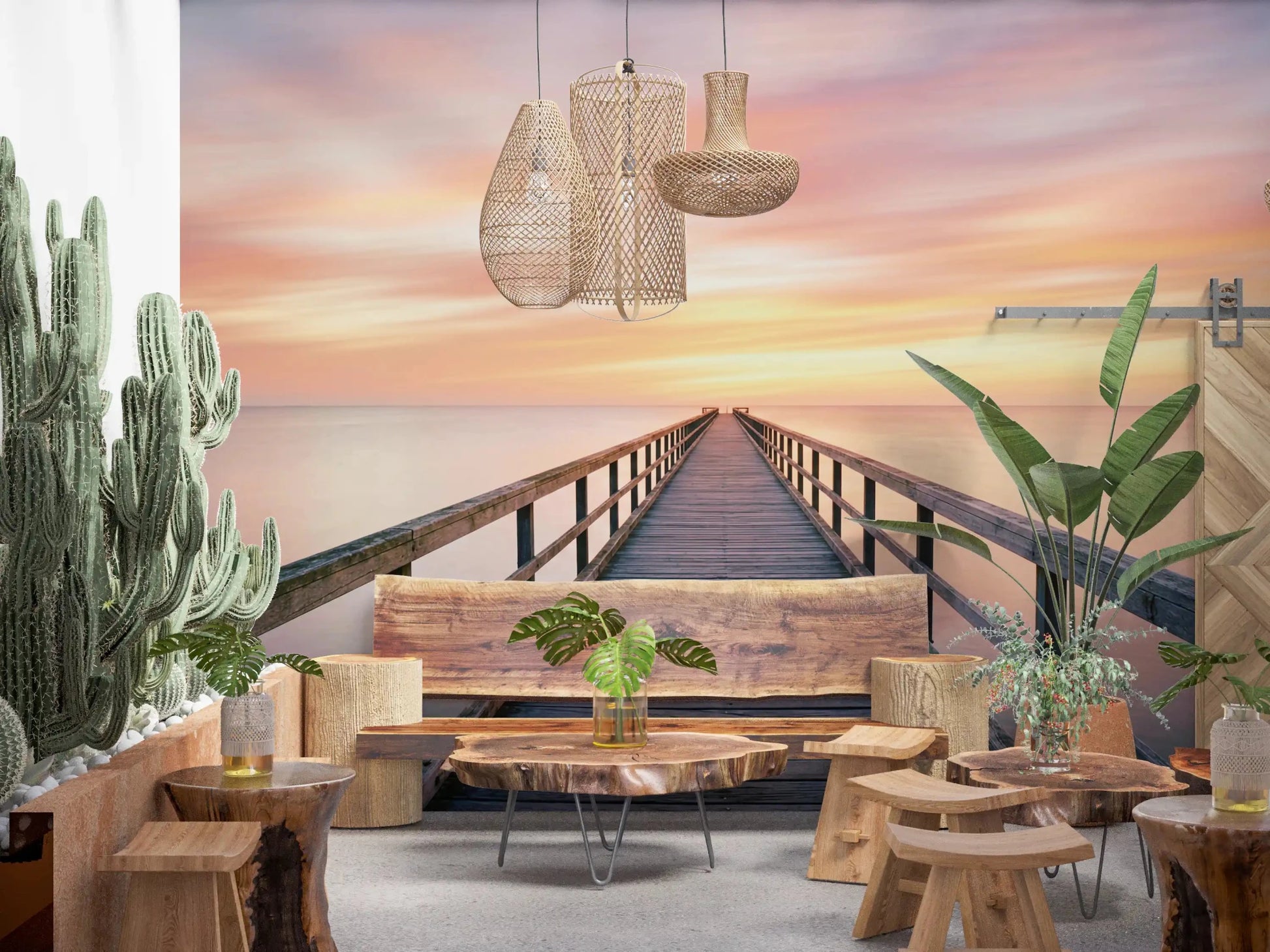 Rustic dining area on Pier to Dreams Wall Mural with layered textures