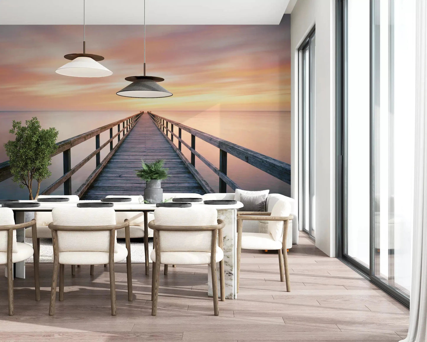 Pier to Dreams Wall Mural set behind a dining table in a bright dining area