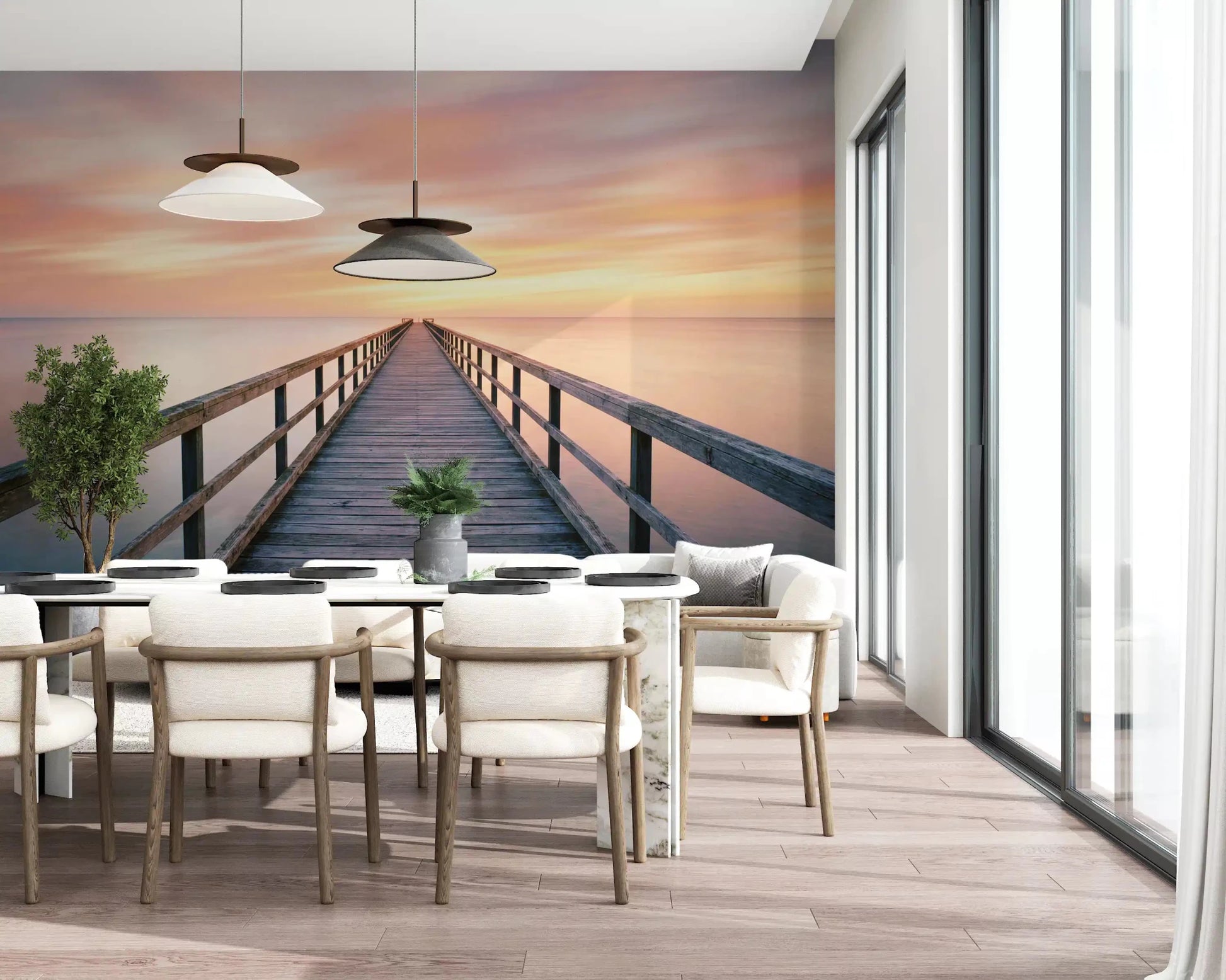 Pier to Dreams Wall Mural set behind a dining table in a bright dining area