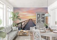 Airy dining nook styled with Pier to Dreams Wall Mural and pale seating