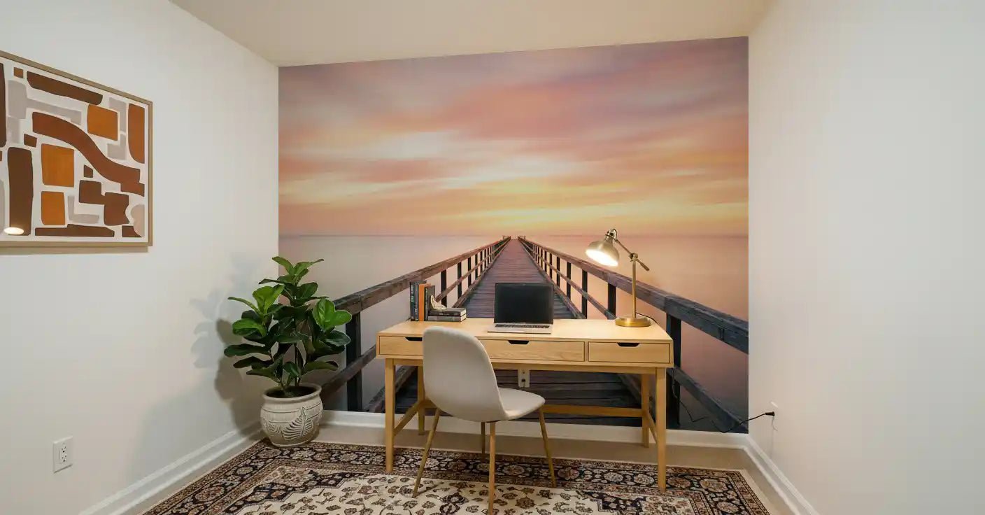 Pier to Dreams Wall Mural adding depth to a snug reading nook with wood tones