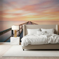 Restful bedroom featuring Pier to Dreams Wall Mural beside crisp white linens