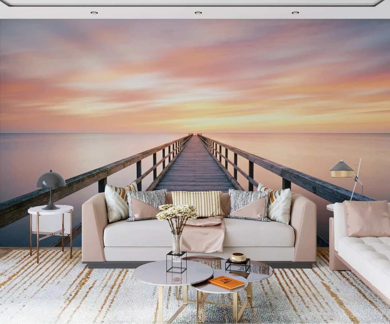 Pier to Dreams Wall Mural behind a white sofa in a calm modern living room